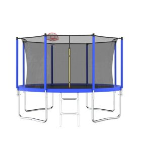 12FT Trampoline For Kids & Adults With Basketball Hoop And Ball ,Recreational Trampolines With Safety Enclosure For Back Yard Outdoor (Option: Blue)
